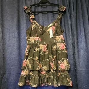 Floral Ruffle Tiered Summer Dress - Black with Pink Roses